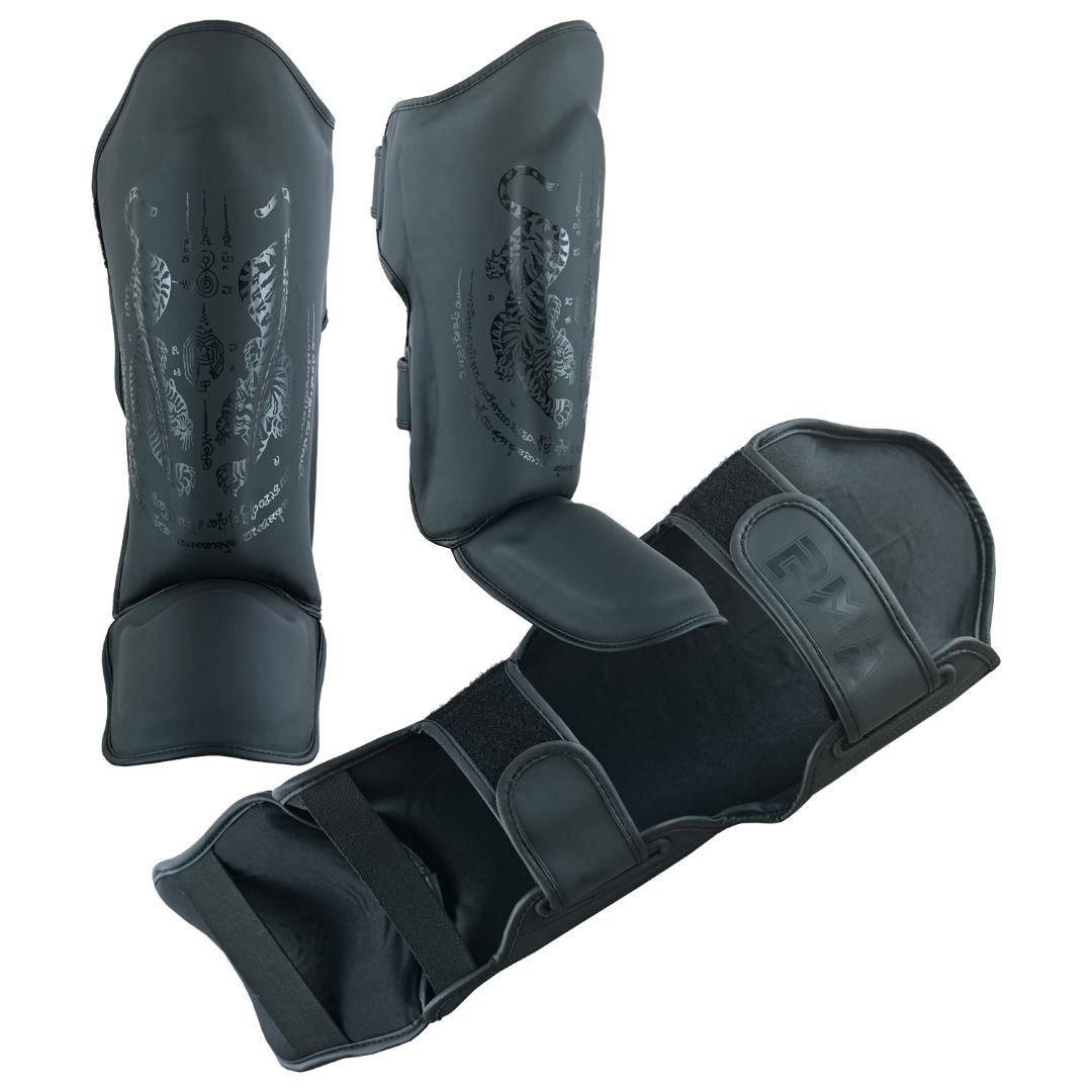 PMA Twin Tigers Muay Thai Boxing Gloves & Shin Pads Set - Black