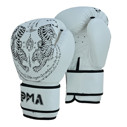 PMA Twin Tigers Muay Thai Boxing Gloves & Shin Pads Set - White
