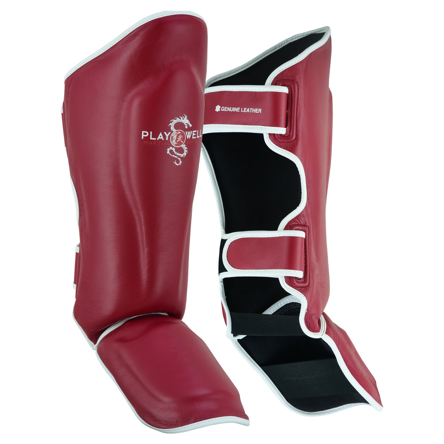 PMA Leather Muay Thai Boxing Gloves & Shin Pads Set - Maroon/Bla