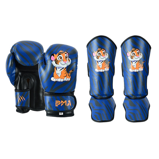 PMA Kids Blue Tiger Muay Thai Boxing Gloves & Shin Pads Set