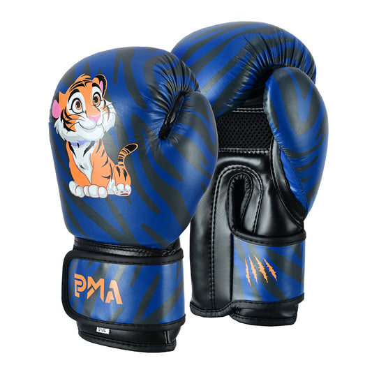 PMA Kids Blue Tiger Muay Thai Boxing Gloves & Shin Pads Set