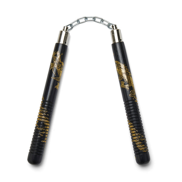 Black Wooden Gold Dragon Nunchucks Chain (SF-95) - 12"  - NEW